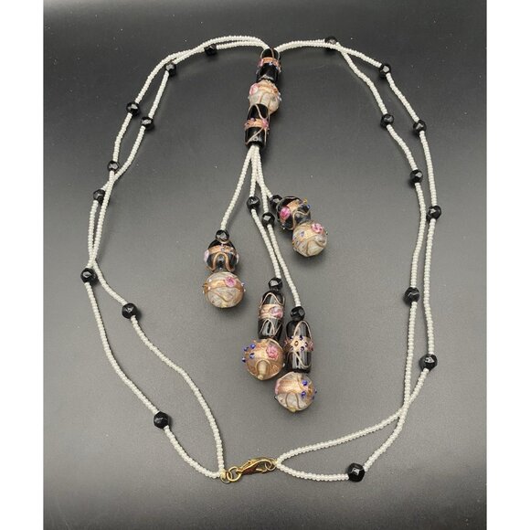 Handmade Wedding Cake Glass Bead Necklace 22" + 7" Drop B&W Multicolor Granny - Picture 1 of 8
